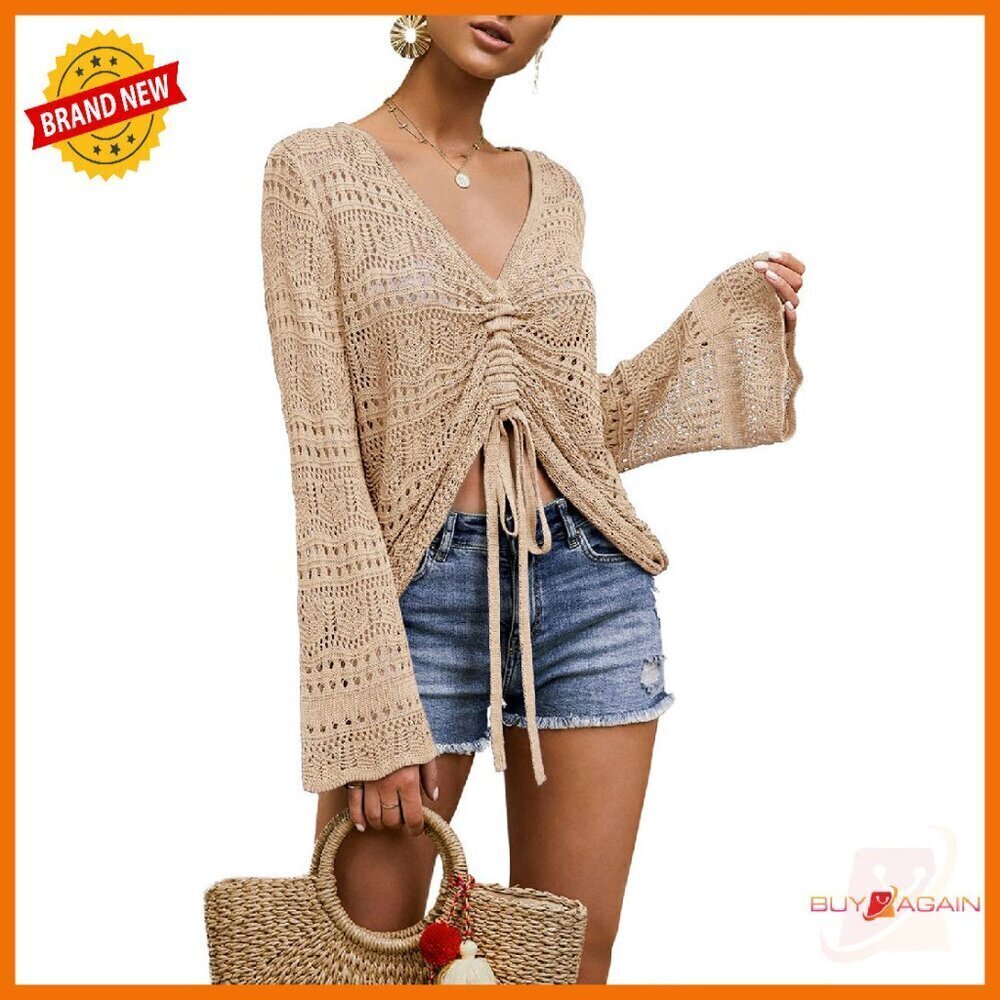 Boho Off Shoulder Sheer Crop Top Bell Sleeve Oversized Crochet Pullover